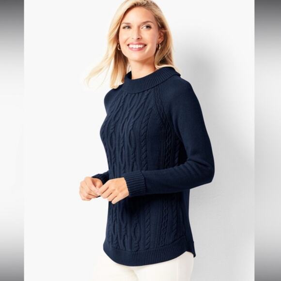 Talbots Sweaters - TALBOTS Cotton Cable Knit Portrait Collared preppy Sweater Navy Blue M